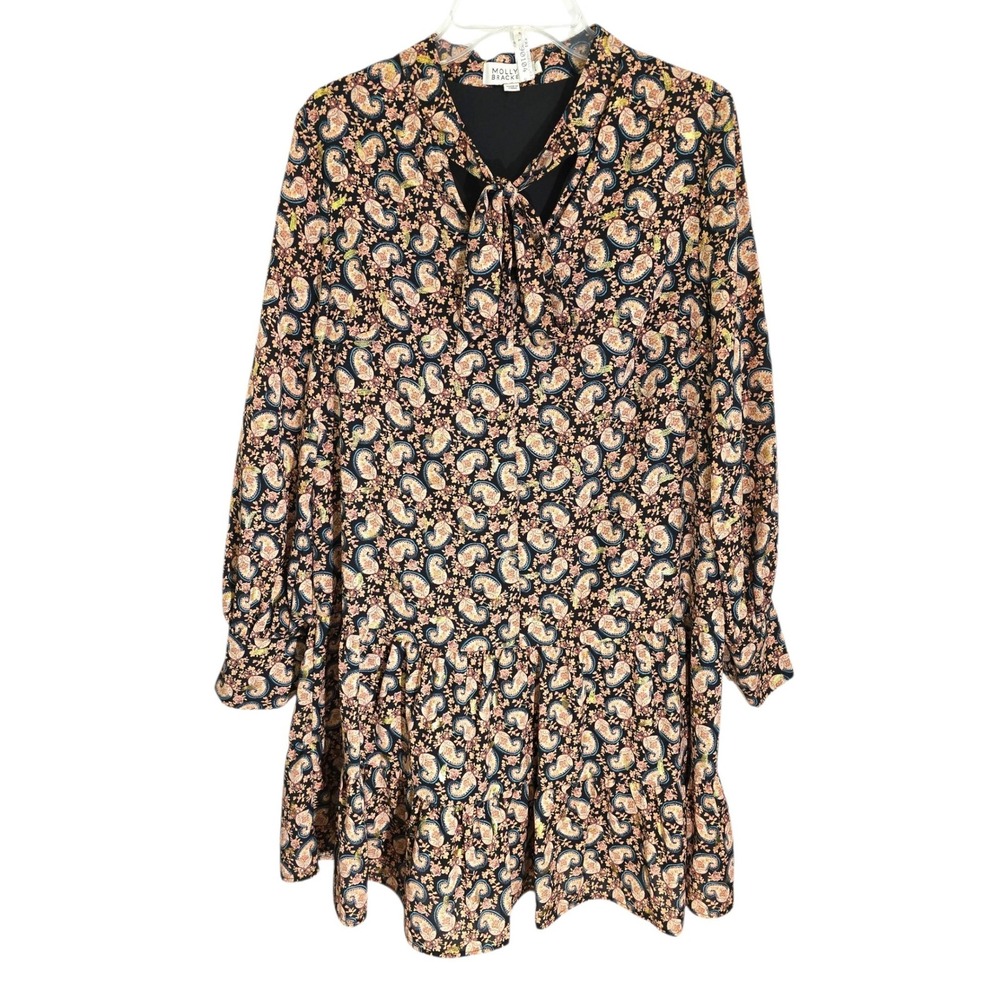 Molly Bracken Women Paisley Floral Tie Neck Tiered Mini Dress Black Gold N138A21